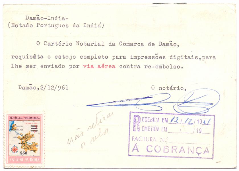0298 v.jpg -     Lote:    298 (verso)            Índia       Descrição:         1960 &mdash; Afonso de Albuquerque, com valor em centavos. OM45, $50. Circulado por via aérea de Damão (04.12.61) para Tomar, com selos adicionais CE484, 509 e 513. MB.        IC       Valor Base:     &euro; 15,00     Valor Venda:     &euro; 16,00     